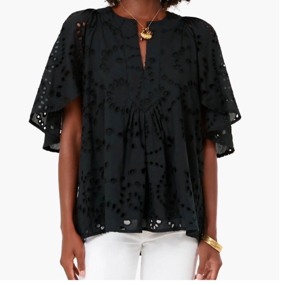 Tuckernuck Eyelet Blouse Womens XXL Black Excellent Flutter Sleeve Cotton Top